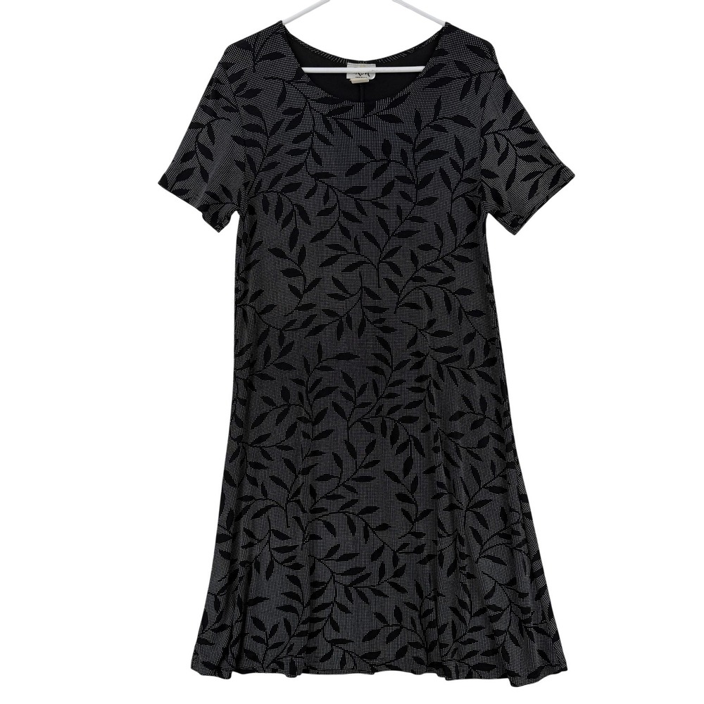 RM Hawaii Dress Womens Medium Black Floral‎ A Line Short Sleeve Stretch USA